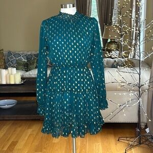 OPT Green Gold Mock Neck Mini Dress XS